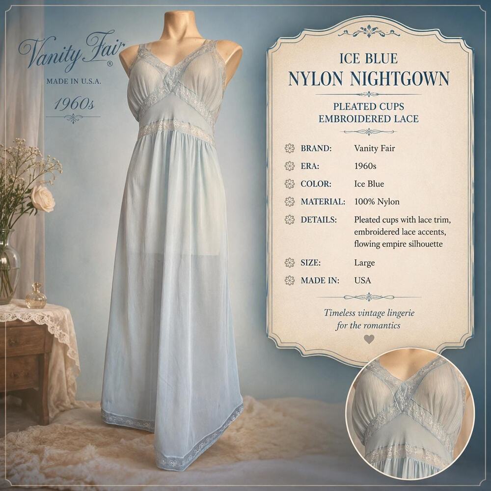 Vanity Fair Ice Blue Nylon Nightgown Pleated Cups Embroidered Lace 1960s Size L